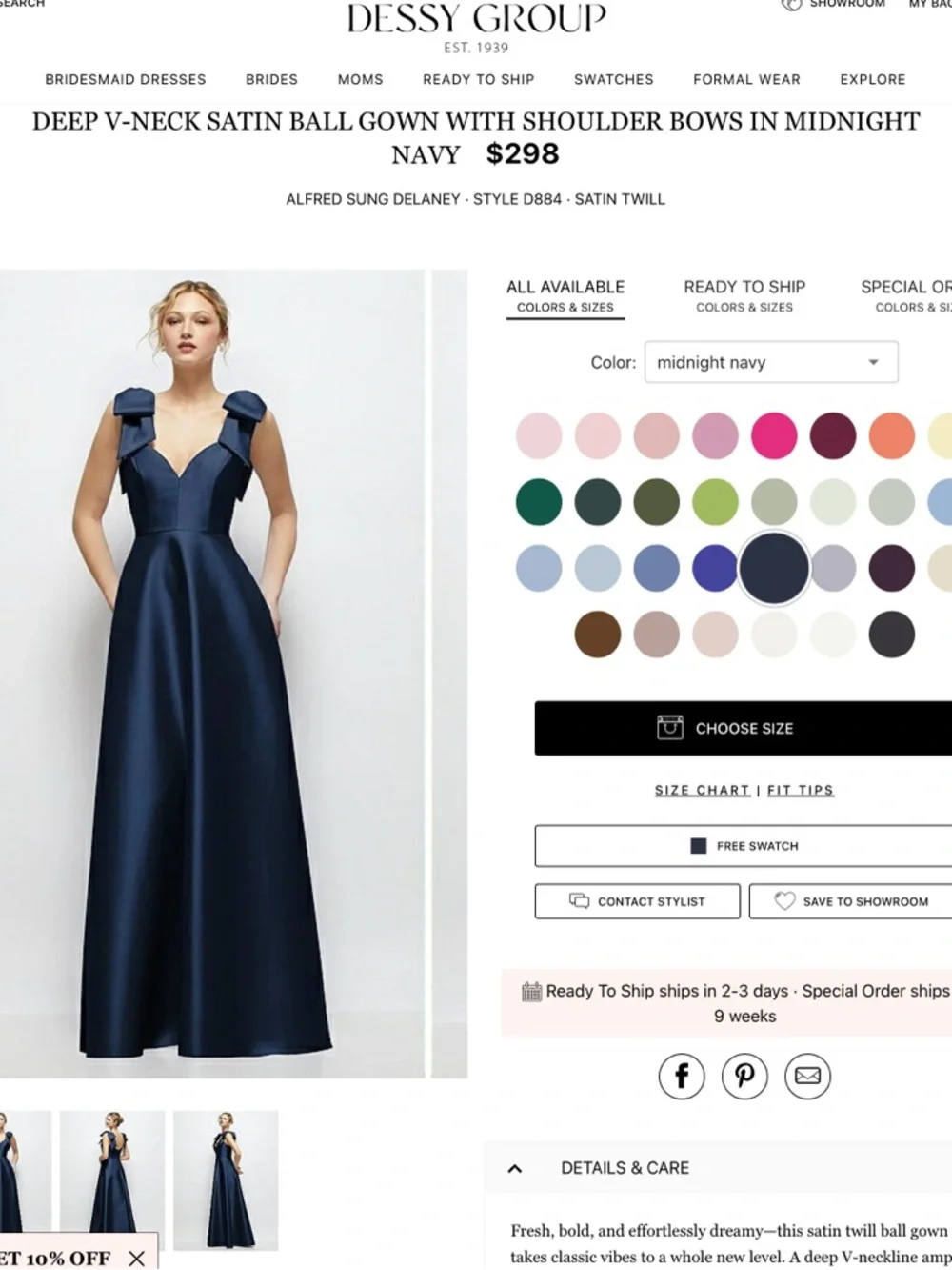 ALFRED SUNG Midnight Navy Satin V-Neck Maxi Gown with Shoulder Bows - Picture 1 of 5